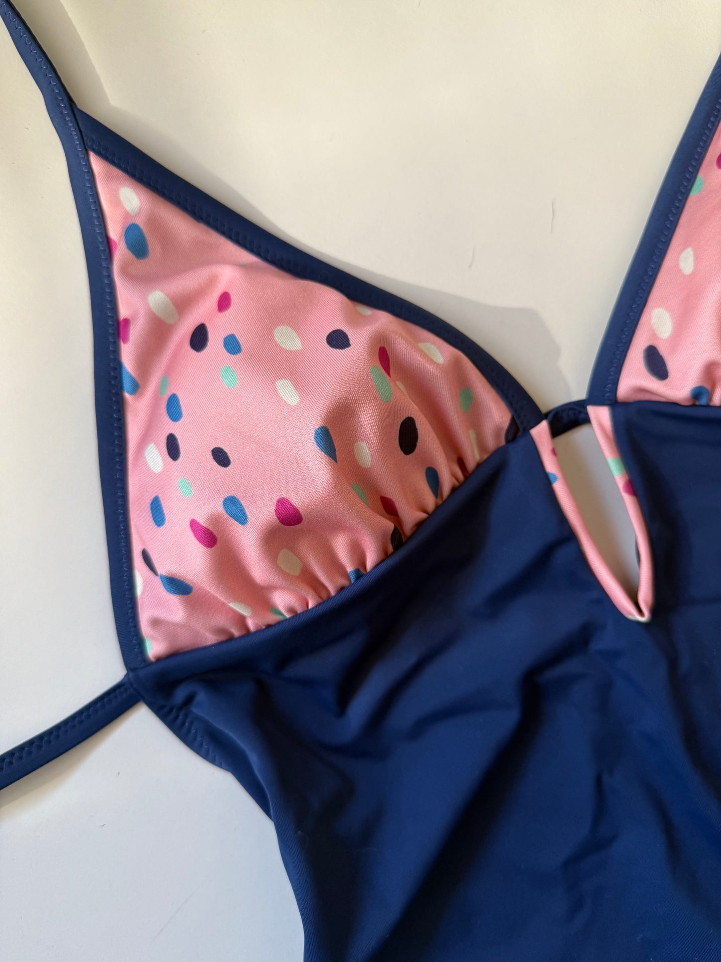 COSTUME NTERO BLU MARE + POIS ROSA REGOLABILE