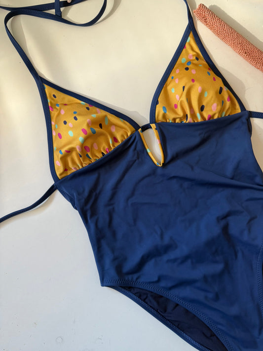 COSTUME NTERO BLU MARE + POIS GIALLO ZAFFERANO REGOLABILE