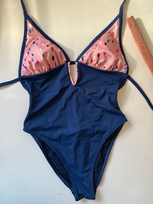COSTUME NTERO BLU MARE + POIS ROSA REGOLABILE