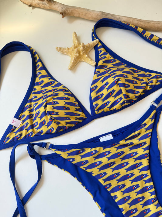 TRIANGOLO VELA BIKINI + SLIP  SLIM LACCETTI fantasia sardine